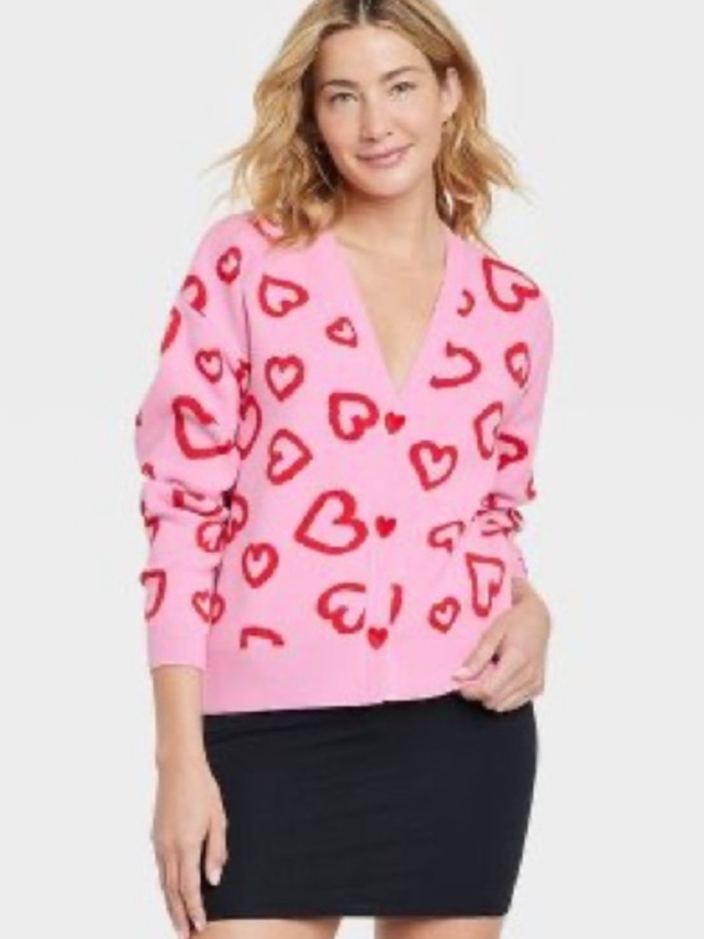 NEW V-Neck Cardigan with Red Heart Accents